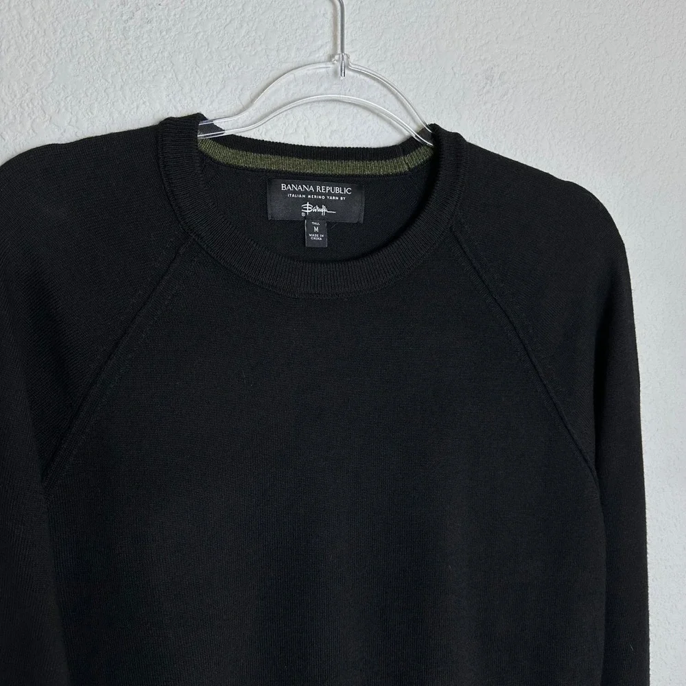 Banana Republic Mens M Tall Black Baruffa Italian Merino Wool‎ Crewneck Sweater